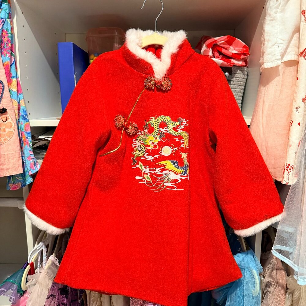 Girls Red Chinese-Style Mid-Length Winter Coat – Size 3–5 Years